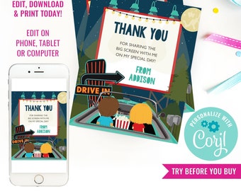 Drive-In Movie Party Thank You Card - Backyard Drive-In Party Card - Instant Download & Edit File with Corjl