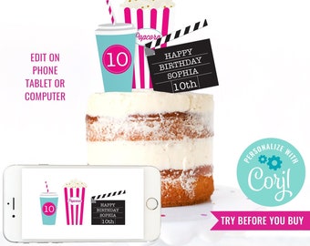 Girl Birthday Party Movie Night Cake Topper Girls Movie Night DIY Cake Toppers Instant Download Edit in Corjl