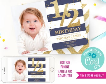 Half Birthday Invitation - Gold Glitter Invitation - Blue and White Stripe Photo Invitation- Instant Download & Edit File with Corjl
