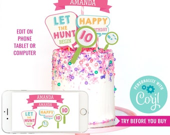 Búsqueda del tesoro para fiesta de cumpleaños de niñas Adorno para tarta de cumpleaños Adorno para tarta de fiesta de detectives de niñas Descarga instantánea Editar archivo con Corjl