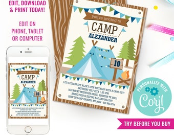 Boy Birthday Party Camping Invitation Summer Backyard Campout Party Summer Camp Invitation Instant Download Edit File with Corjl