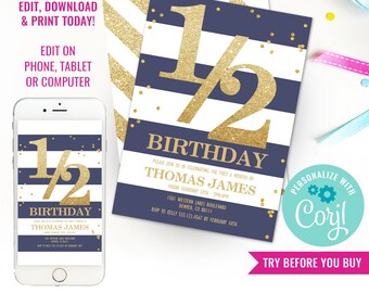 Half Birthday Invitation - Gold Glitter Invitation - Blue and White Stripe Invitation - Instant Download & Edit File with Corjl