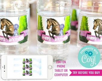 Girls Horse Show Jumping Party Water Bottle Labels Watercolor Horse Birthday Drinks Label Pony Party Instant Download Edit File in Corjl