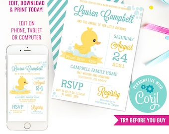 Rubber Duck Baby Shower Invitation - Rubber Ducky Unisex Baby Shower Invitation - Instant Download & Edit File with Corjl