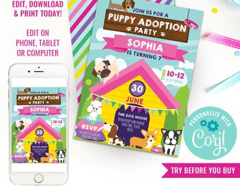 Puppy Adoption Party Invitation - Pet Adoption Party Invitation - Puppy Dog Adoption Party - Instant Download & Edit File with Corjl