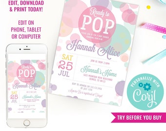 Ready To Pop Baby Shower Invitation in Whites and Pinks - Girl Baby Shower Invitation - Instant Download & Edit File with Corjl