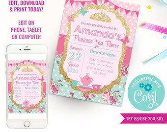Princess Tea Party Invitation - Pink and Gold Glitter Shabby Chic - Instant Download & Edit File with Corjl