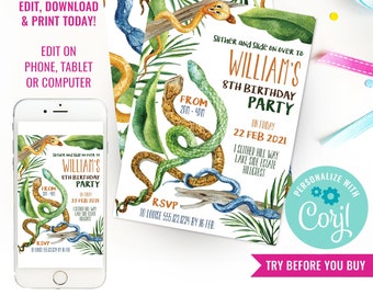 Snake Party Invitation - Snake Invite - Reptile Party - Snake Birthday Party Invitation - Instant Download & Edit File with Corjl