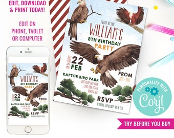 Invitation Birds of Prey Party Invite Kids Falconry Party Invite Eagle Party Invitation Instant Download Edit File with Corjl