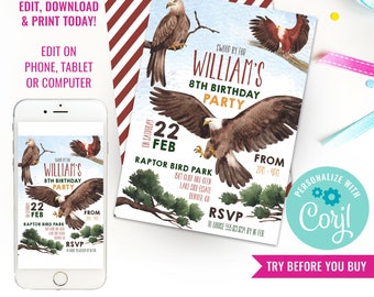 Birds of Prey Party Invitation - Falconry Party Invite - Eagle Party Invitation - Instant Download & Edit File with Corjl