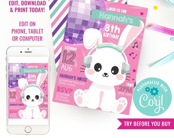 Girl Birthday Party Disco Bunny Party Invitation DJ Bunny Rabbit Party Invitation Disco Bunny Invite Instant Download Edit File with Corjl