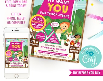 Girl Scouts Recruitment Flyer Printable - Girl Scout Recruitment Poster - Join The Troop Flyer - Instant Download & Edit File with Corjl