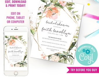 Bridal Shower Invitation - Gold + Greenery invitation - Bridal Brunch Invitation - Floral Shower - Instant Download & Edit File with Corjl