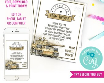 Army Tank Birthday Party Thank You Card for a Boy - Vintage Army Party Thank You Card - Instant Download & Edit File with Corjl