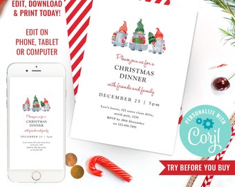 Modern Christmas Gnome Dinner Invitation - Watercolor Gonk Christmas Dinner Invitation - Instant Download & Edit File with Corjl