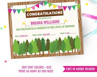 Girl Scout Bridging Ceremony Certificate - Girl Scout Certificate - Editable Certificate - Instant Download and Edit File with Adobe Reader