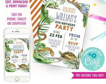 Boys Reptile Party Invitation Reptile Birthday Party Invite Kids Reptile Party Snake Invitation Instant Download Edit File in Corjl