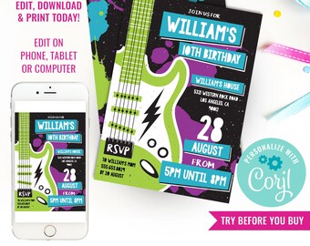 Fête d'anniversaire pour garçons, invitation à une fête rock n roll, invitation à une fête rock star, invitation à une fête rock and roll pour garçons, téléchargement immédiat, modifier avec Corjl