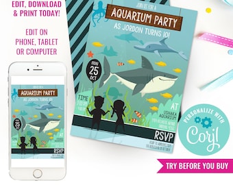 Kids Birthday Party Aquarium Invitation Under The Sea Party Invitation Ocean Party Invitation Instant Download Edit File with Corjl
