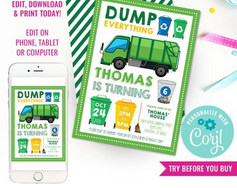 Garbage Truck Party Invitation - Garbage Truck Party  invitation - Instant Download & Edit File with Corjl