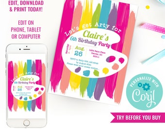 Girls Birthday Art Party Invitation Rainbow Art Party Invite Arty Party Invitation Artsy Party Invitation Instant Download Edit in Corjl