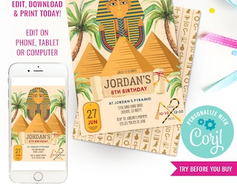 Ancient Egypt Party Invitation - Tutankhamen Party Invitation - Archaeology Party Invitation - Instant Download & Edit File with Corjl