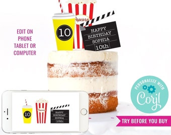 Movie Night Party Cake Topper - Movie Night DIY Cake Toppers - Instant Download & Edit File with Corjl