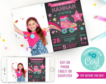 Girls Roller skating Party Invitation Roller skate Birthday Party Retro Roller skate Party Invitation Instant Download Edit File in Corjl