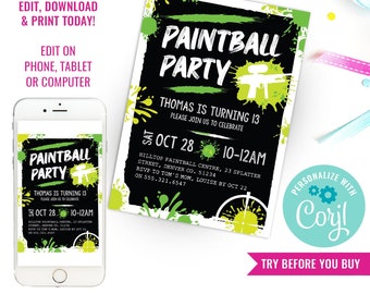 Paintball Birthday Party Invitation for a Boy - Paintball Party Invite - Black and Green - Instant Download & Edit File with Corjl