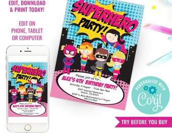 May include: A pink and blue superhero party invitation with cartoon superhero characters. The invitation includes the text "Superhero Party!" and details for Alex's 4th birthday party. A smartphone displays the same design.