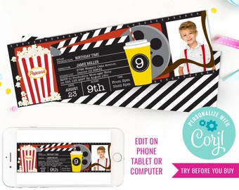 Movie Party Photo Invitation - Movie Ticket Invitation - Movie Night Invitation - Instant Download & Edit File with Corjl