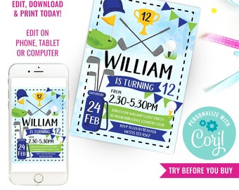 Fête d'anniversaire garçon, invitation de golf, invitation d'anniversaire de golf pour garçons, fête d'anniversaire de golf, téléchargement immédiat, modification du fichier avec Corjl