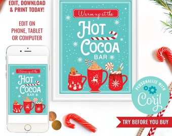 Hot Cocoa Bar Sign - Printable Hot Cocoa Bar Sign - Christmas Hot Chocolate Bar Sign Template -Instant Download &Edit in Corjl