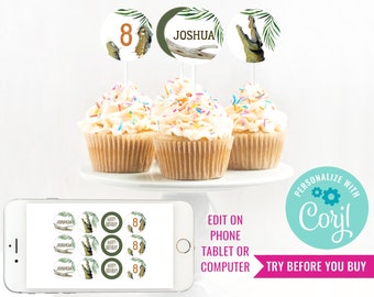 Crocodile Party Cupcake Toppers - Crocodile Party Toppers - Alligator Party Cupcakes - Instant Download & Edit File with Corjl