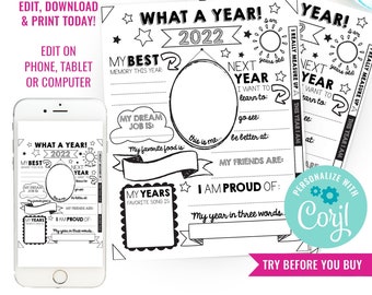 New Years Eve Coloring-In Page Activity - Kids New Years Printable Activity - Kids Printable Game - Instant Download & Edit File with Corjl