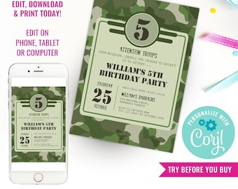 Boys Army Birthday Party Invitation Army Camo Boys Military Party Invite Instant Download and Edit File with Adobe Reader