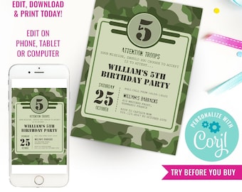 Army Party Invitation - Army Camo - Instantly Downloadable and Editable File - Personalize and Print at home with Adobe Reader