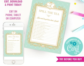 Bridal Shower Game High Tea Party Game Spill The Tea Bridal Shower Party Game Instant Download Edit File with Corjl