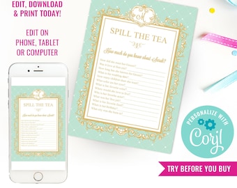 High Tea Party Game - Spill The Tea Bridal Shower Party Game - Instant Download & Edit File with Corjl