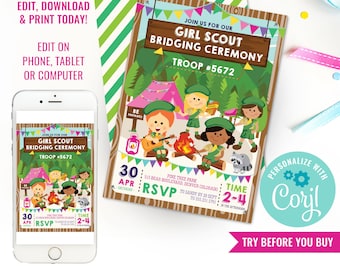 Girl Scout Bridging Ceremony Invitation - Girl Scout Invitation  - Camping Invitation - Instant Download & Edit File with Corjl