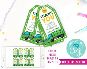 Garbage Truck Party Favor Tags - Garbage Truck Party Favors - Instant Download & Edit File with Corjl