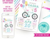 Rainbow Pastel Bicycle Birthday Party Invitation - Vintage Bike Birthday Invitation - Instant Download & Edit File with Corjl Il_170x135
