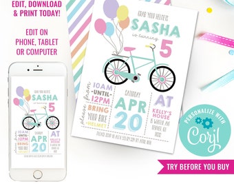 Rainbow Pastel Bicycle Birthday Party Invitation - Vintage Bike Birthday Invitation - Instant Download & Edit File with Corjl