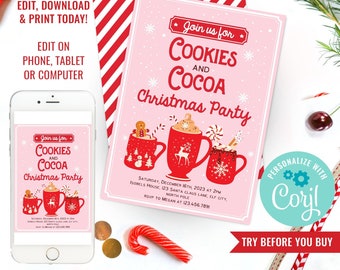 Cookies Hot Cocoa Party Invite- Cookies and Cocoa Christmas Hot Chocolate Holiday Party Invitation Template -Instant Download &Edit in Corjl