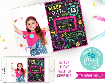 Neon Sleepover Invitation - Tween Girls - Slumber Party Invitation- Photo Invitation - Instant Download & Edit File with Corjl