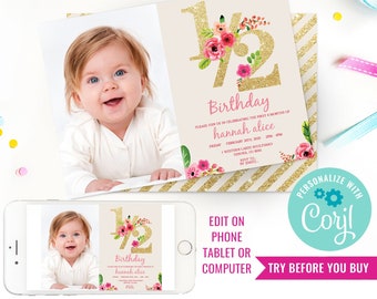 Girl Birthday Party Half Birthday Invitation Gold Glitter Floral Watercolor 1/2 Birthday Invitation Picture Instant Download Edit in Corjl