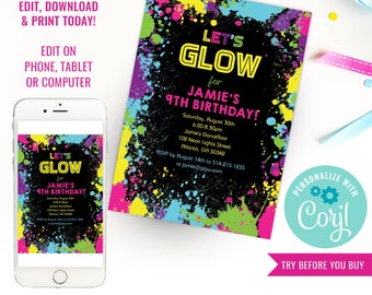 Neon Glow Party Invitation Tween Glow Birthday Party Invite Teen Glow Party Invitation Instant Download & Edit File in Corjl