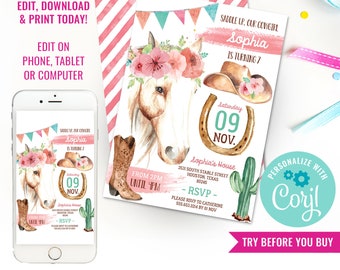 Cowgirl Birthday Party Invitation - Cowgirl Watercolor Invitation - Horse Party - Instant Download & Edit File with Corjl