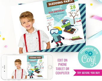 Birthday Party Sledding Invitation Winter Tobogganing Party Invitation Winter Party Invitation Instant Download Edit File with Corjl