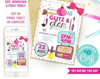 Glitz And Glam Party Invitation - Make-Up Party Invitation - Tween Girls - Instant Download & Edit File with Corjl